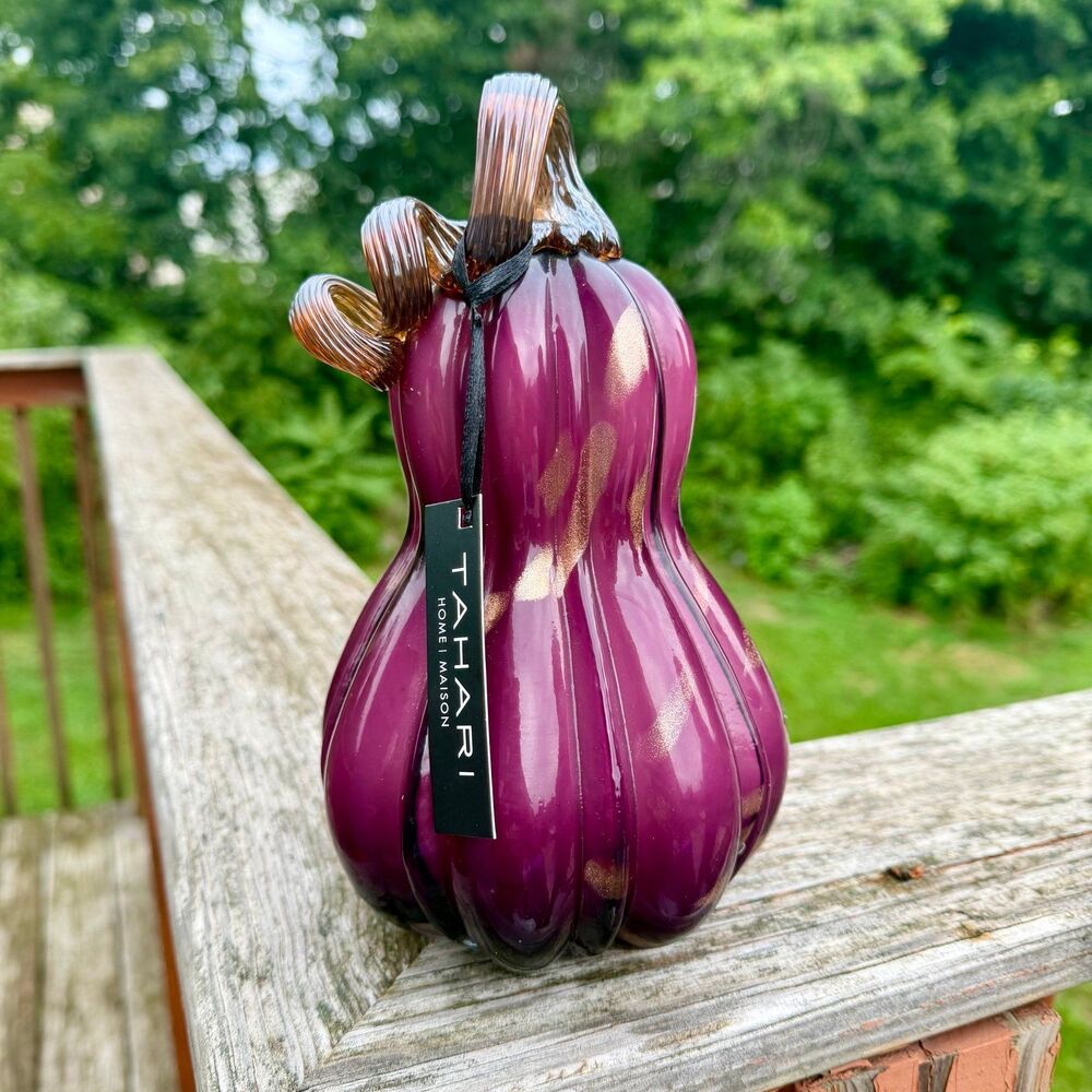 NEW Tahari Glass Pumpkin Gourd 8” Tall Brown Stem Plum Purple 8-9”